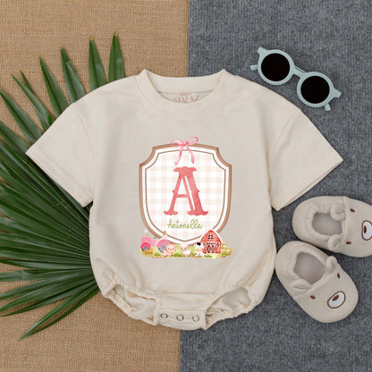 Baby Farm Girl T-shirt Bubble Romper, Custom Name, Cow & Chick Birthday Outfit for Girls, Barnyard Theme, Baby Girl Gift (140 chars)