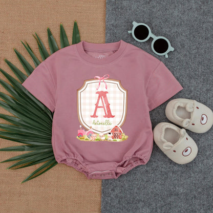 Baby Farm Girl T-shirt Bubble Romper, Custom Name, Cow & Chick Birthday Outfit for Girls, Barnyard Theme, Baby Girl Gift (140 chars)