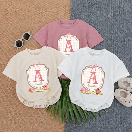 Baby Farm Girl T-shirt Bubble Romper, Custom Name, Cow & Chick Birthday Outfit for Girls, Barnyard Theme, Baby Girl Gift (140 chars)