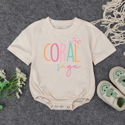 Personalized Makenzie & Coral Baby Girl Romper Newborn Outfit Custom Name Infant Clothes with Bow Baby Shower Gift