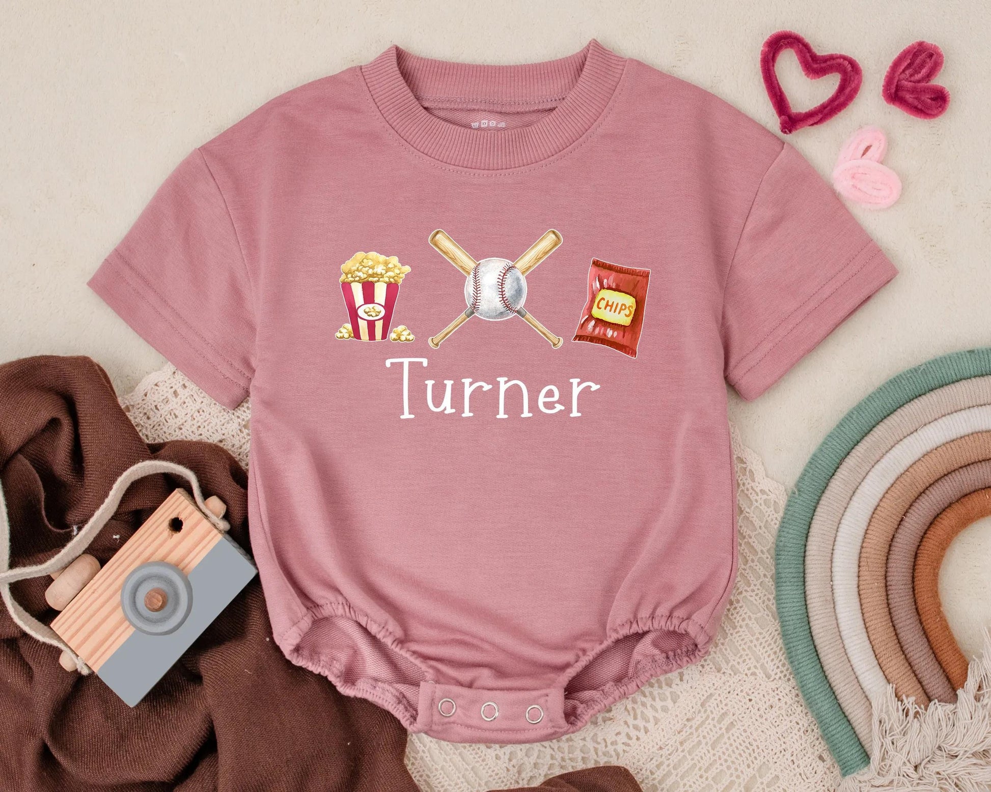 Custom Name Baseball T-Shirt Romper Baby Boy Baseball Fan Outfit Popcorn Snack Design Summer Gift Idea