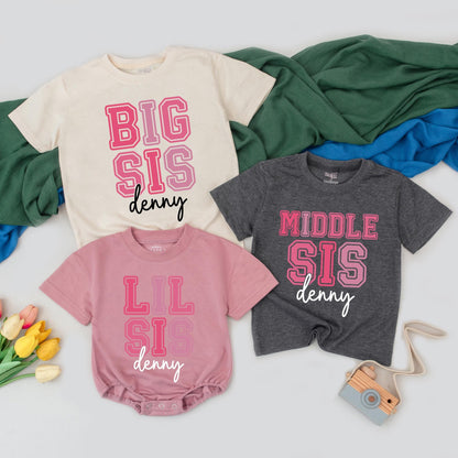 Personalized Sister Matching Outfits: Big, Middle, Lil Sis Shirts for Baby Girl - Custom Name Sibling Announcement Tees