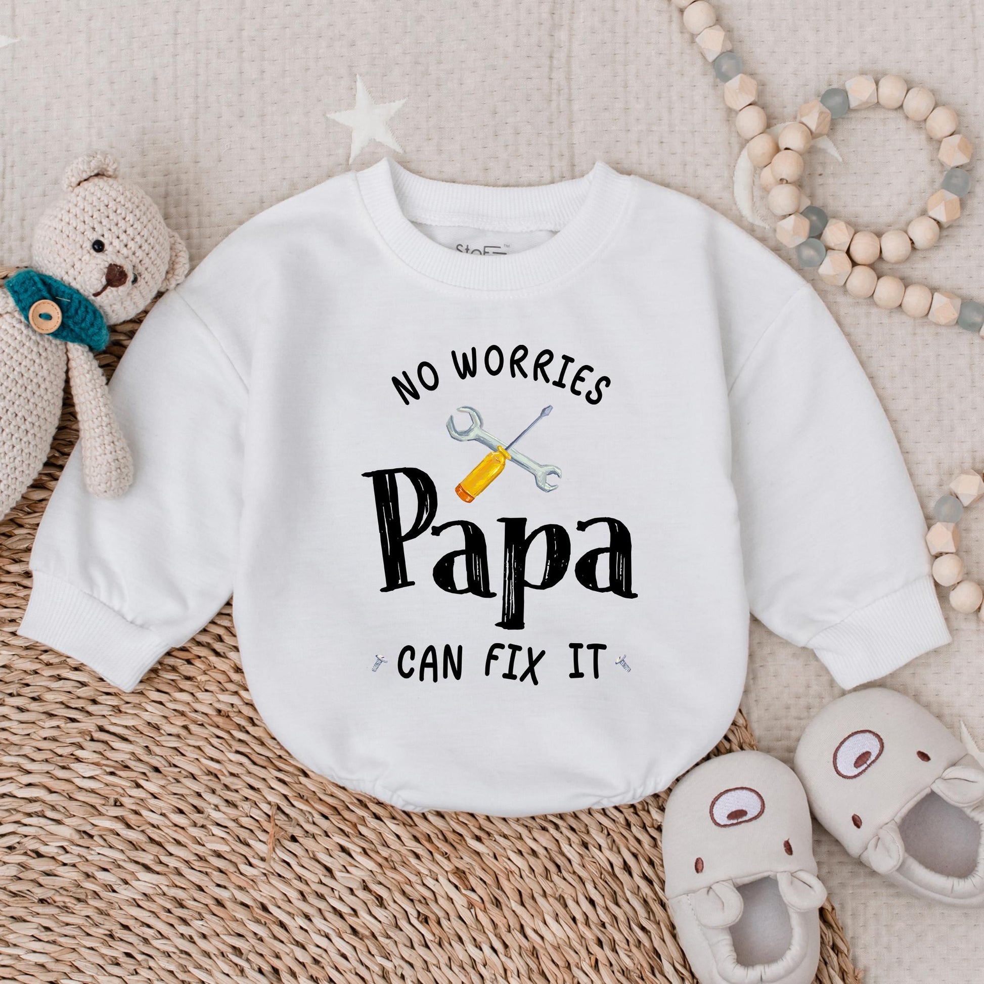No Worries Papa Can Fix It Bubble Romper Cute Baby Outfit for Dad Father's Day Gift Handy Papa Baby Clothes Funny Bodysuit