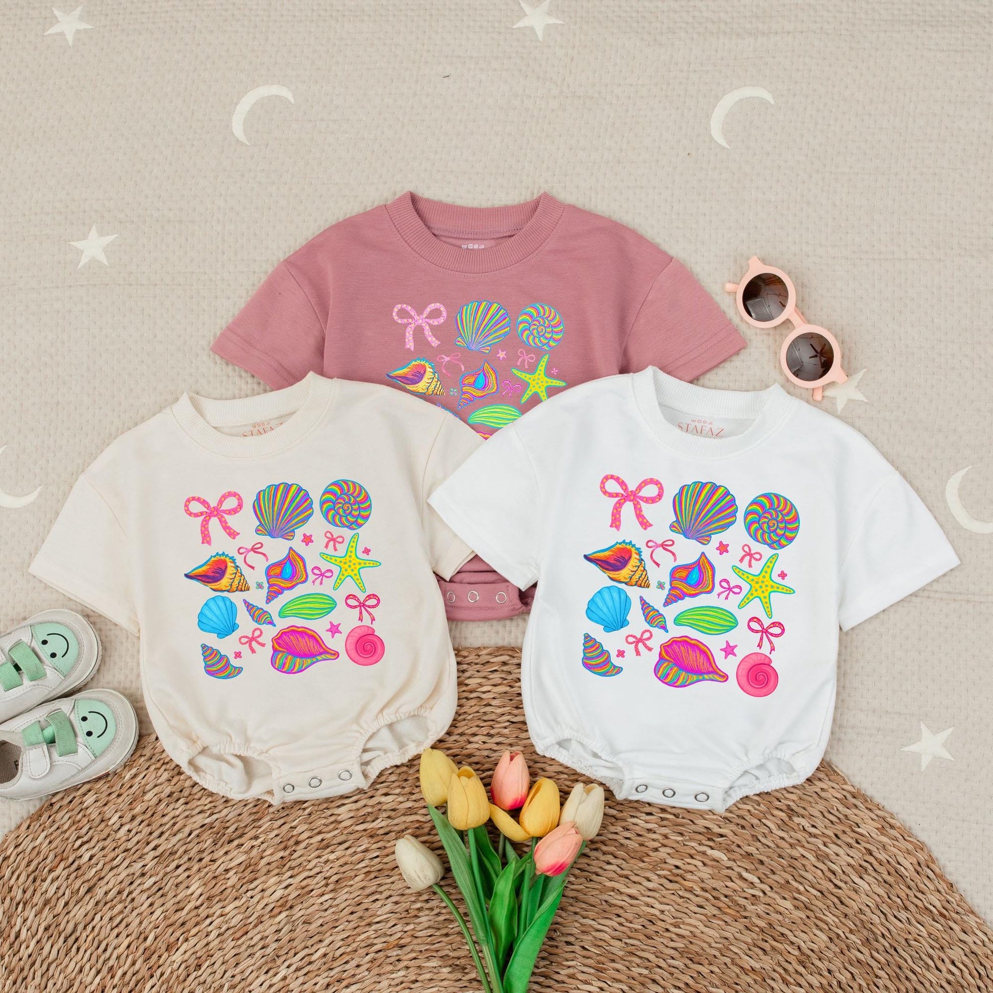 Seashell Beach Romper for Baby Girl, Summer Ocean Outfit, Cute Baby T-shirt Romper, Beach Vacation Clothes, Newborn Gift (140 chars)
