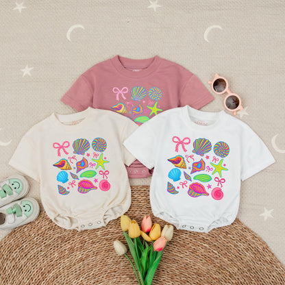 Seashell Beach Romper for Baby Girl, Summer Ocean Outfit, Cute Baby T-shirt Romper, Beach Vacation Clothes, Newborn Gift (140 chars)