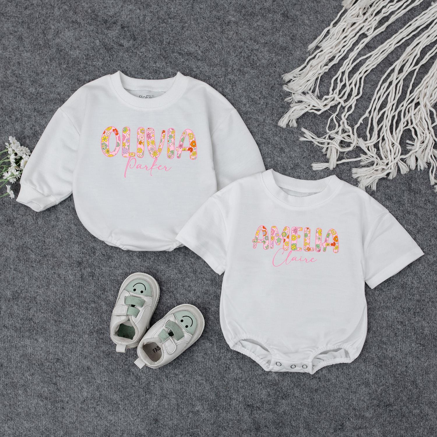 Personalized Baby Girl Romper with Floral First Name & Pink Cursive Middle Name Custom Newborn Outfit Baby Shower Gift