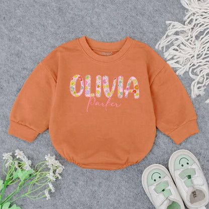 Personalized Baby Girl Romper with Floral First Name & Pink Cursive Middle Name Custom Newborn Outfit Baby Shower Gift