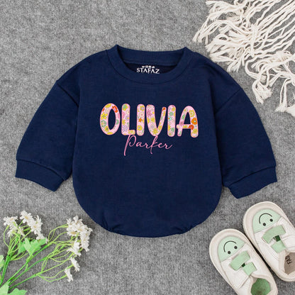 Personalized Baby Girl Romper with Floral First Name & Pink Cursive Middle Name Custom Newborn Outfit Baby Shower Gift