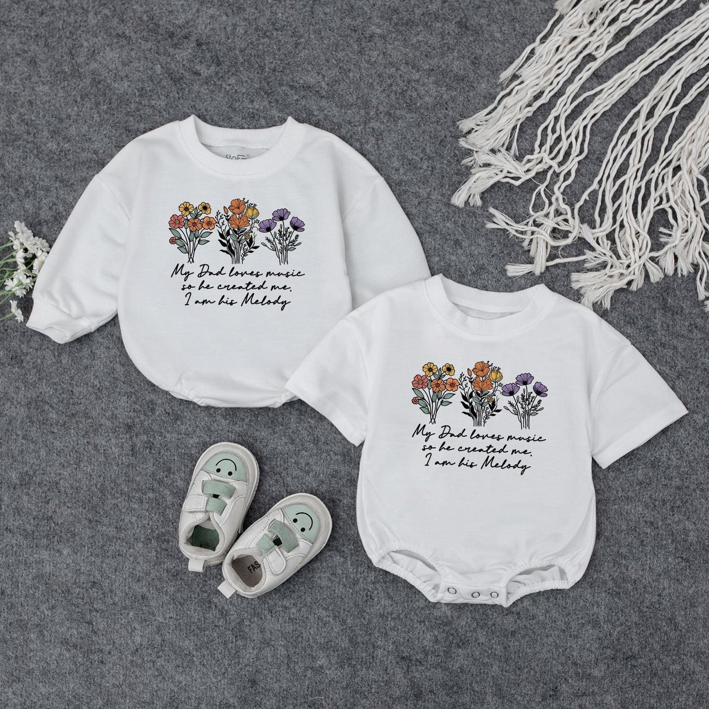 My Dad Loves Music Baby Romper Sweet Wildflower Outfit Infant Newborn Gift Bodysuit or Sweatshirt for Music Lover Dad