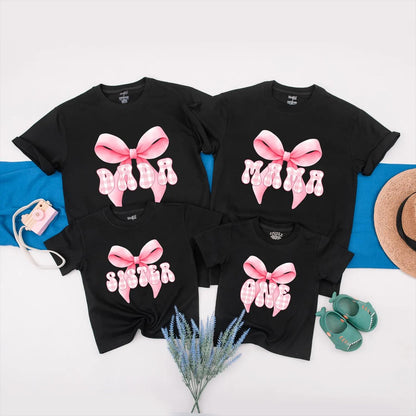 Personalized Pink Bow First Birthday Matching Outfits Mama Baby Girl Coquette Party Special Day Celebration
