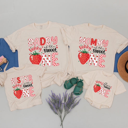 Berry Sweet One Matching Family Shirts, Strawberry 1st Birthday Girl Outfit, Cute First Birthday Party Tee, Berry First Birthday, Matching Family