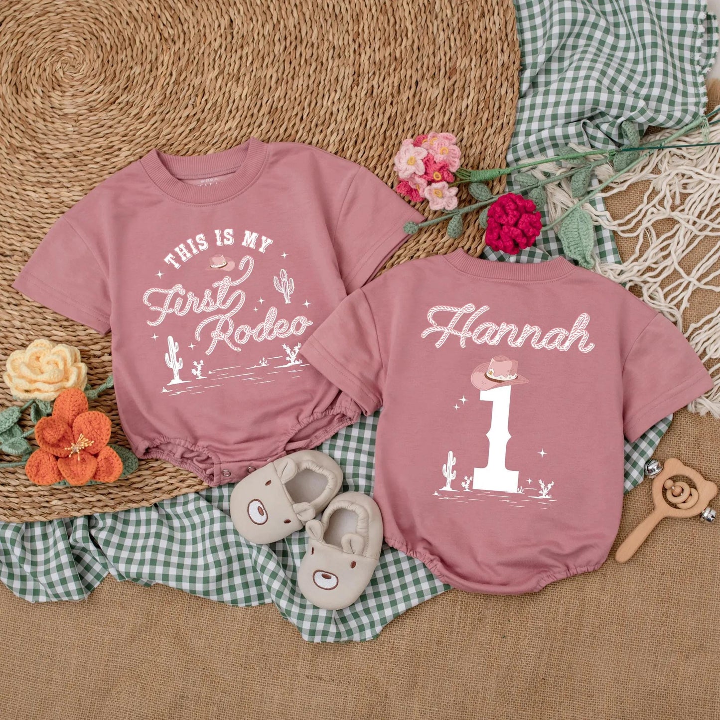 Custom Pink Cowgirl First Birthday Romper, This is My First Rodeo Bodysuit for Baby Girl, Western Birthday Party Outfit, Cute Gift