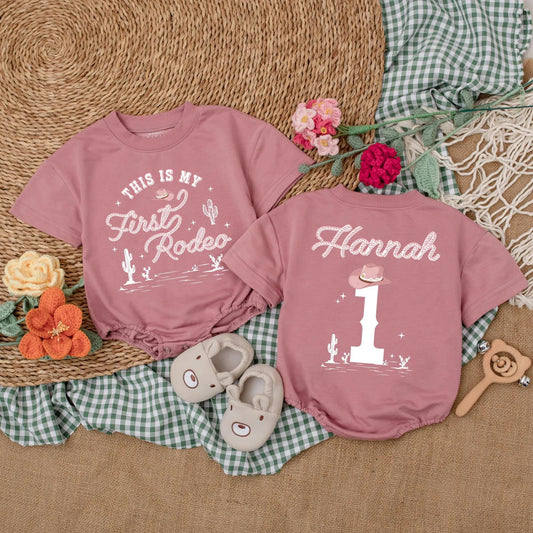 Custom Pink Cowgirl First Birthday Romper, This is My First Rodeo Bodysuit for Baby Girl, Western Birthday Party Outfit, Cute Gift