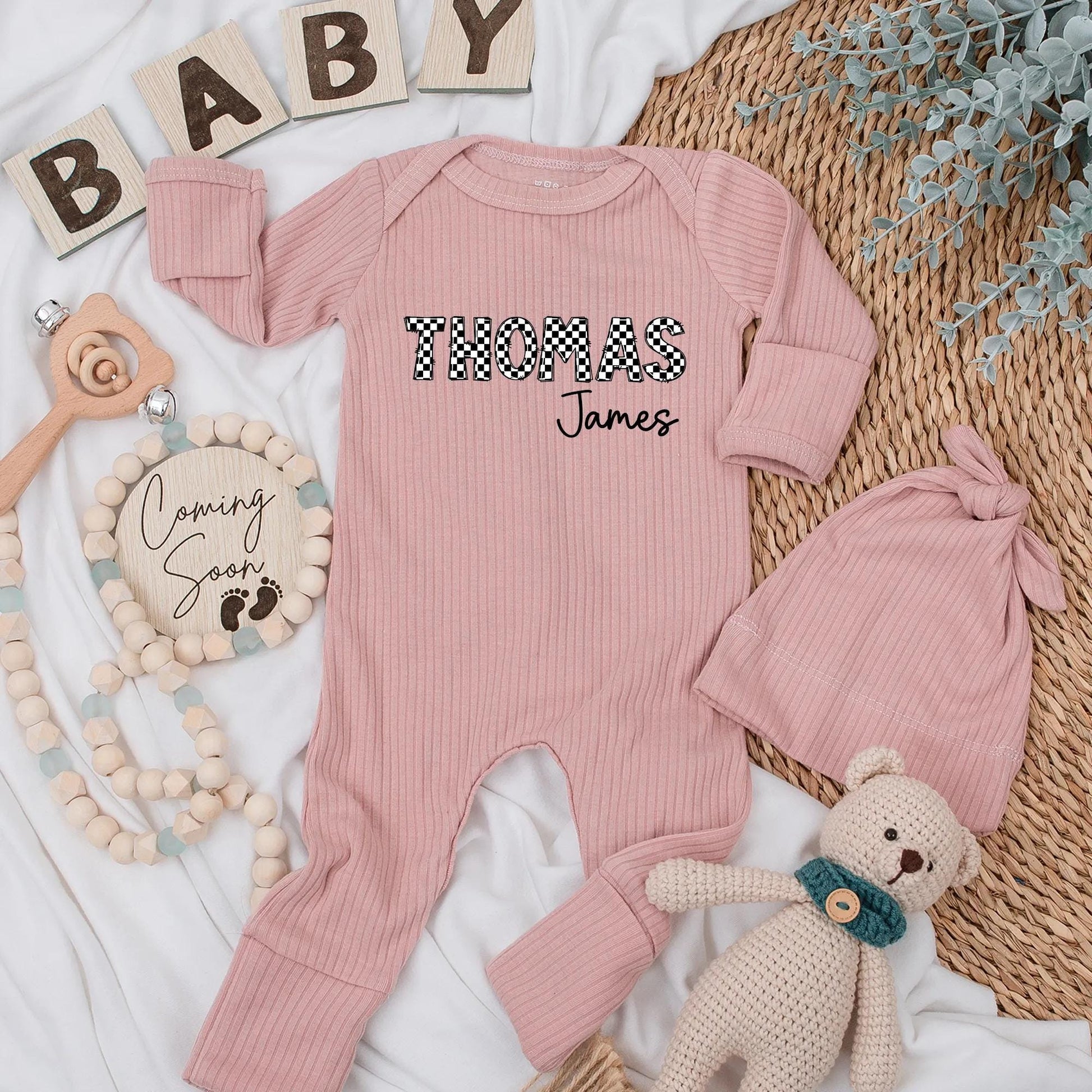 Personalized Checkered Name Baby Bodysuit Custom Thomas James Baby Shower Gift Coming Home Outfit for Boys and Girls