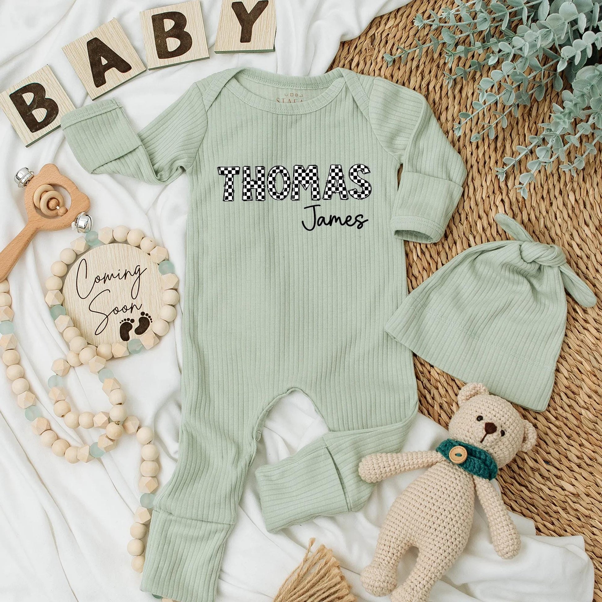 Personalized Checkered Name Baby Bodysuit Custom Thomas James Baby Shower Gift Coming Home Outfit for Boys and Girls