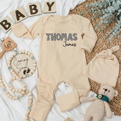 Personalized Checkered Name Baby Bodysuit Custom Thomas James Baby Shower Gift Coming Home Outfit for Boys and Girls