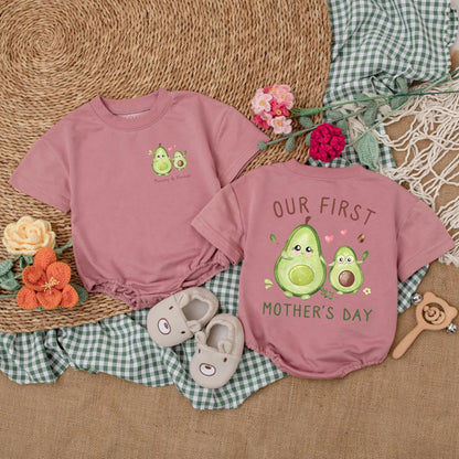 Personalized Avocado First Mother's Day Romper Gift for Baby Girl, Cute Happy Mommy Bodysuit, New Mom Present, Soft Cotton Outfit