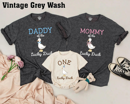 Matching Family Duck Shirts: Mommy, Daddy & Baby Outfits, One Lucky Duck Birthday Bodysuit, Farm Animal Gift for Kids