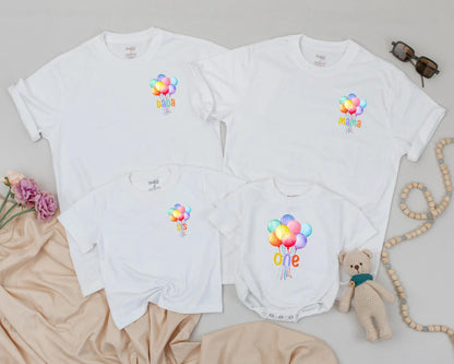 Personalized Colorful Balloon Birthday Shirt for First Birthday Custom Name Rainbow Balloons Mama Dada Sis Outfit First Birthday Gift