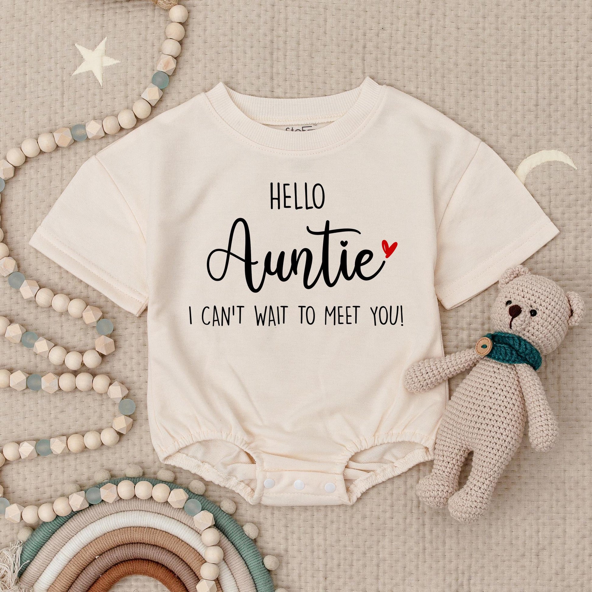 Hello Auntie Baby Romper I Can't Wait to Meet You Baby Announcement Sweet Black & Red Heart Pregnancy Reveal Gift for New Sister Auntie