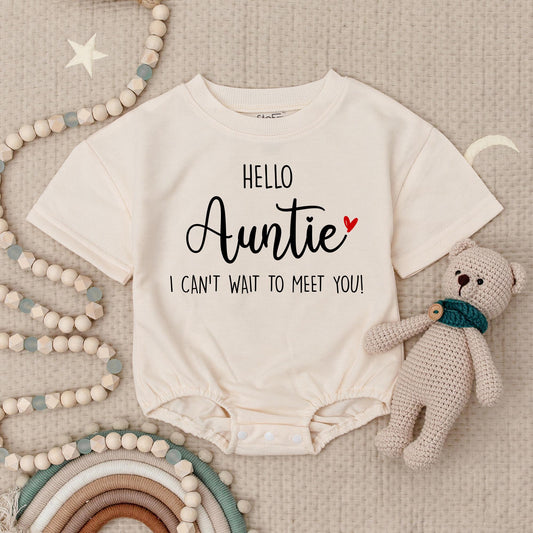 Hello Auntie Baby Romper I Can't Wait to Meet You Baby Announcement Sweet Black & Red Heart Pregnancy Reveal Gift for New Sister Auntie