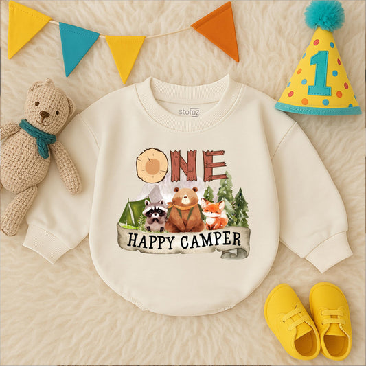 One Happy Camper Bubble Romper Adventure Birthday Bodysuit for Boys First Birthday Outfit Camping Theme Celebration