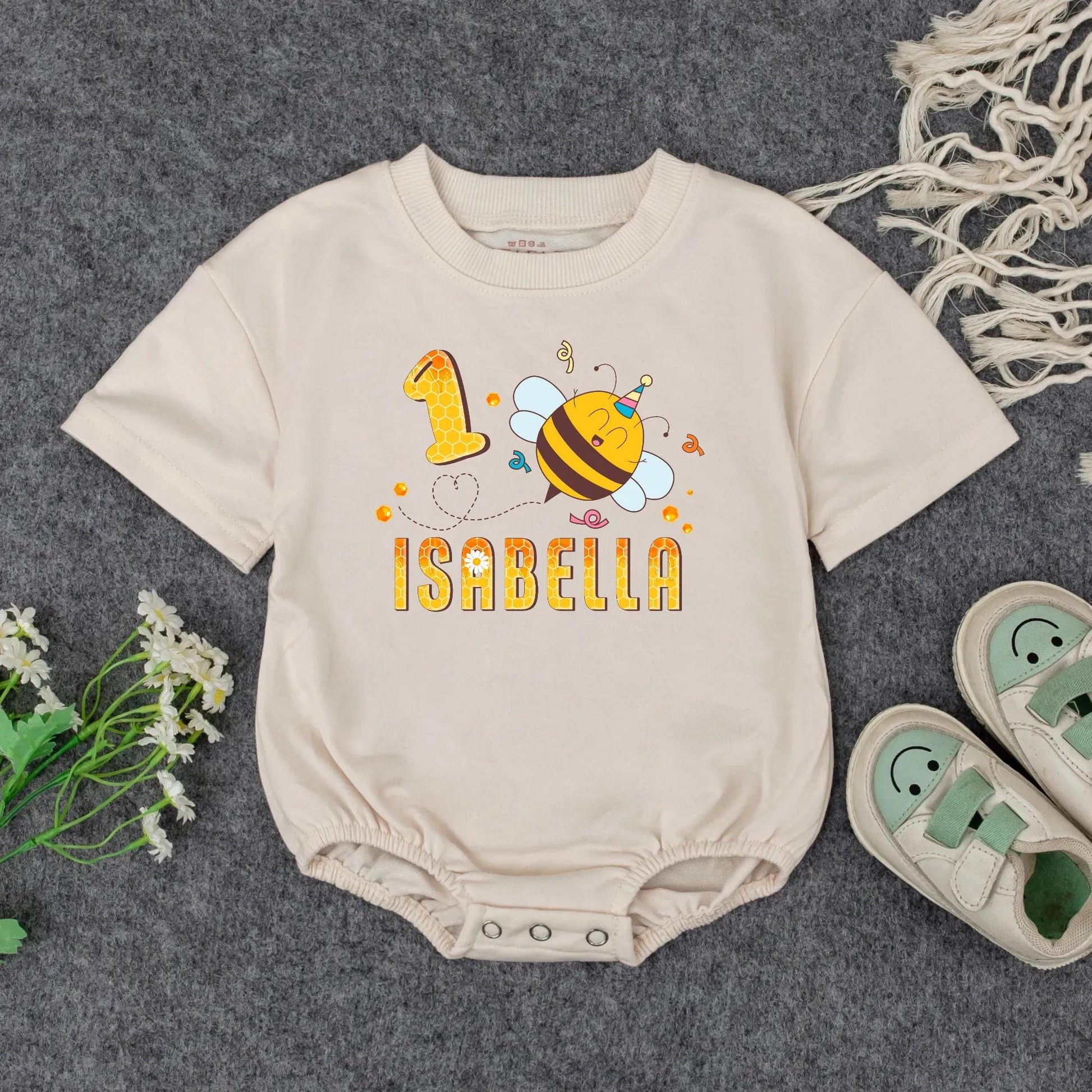 Personalized 1st Birthday Girl Romper Outfit Cute Bumblebee Honeycomb Design with Name Yellow Black Cheerful Floral Party Tee