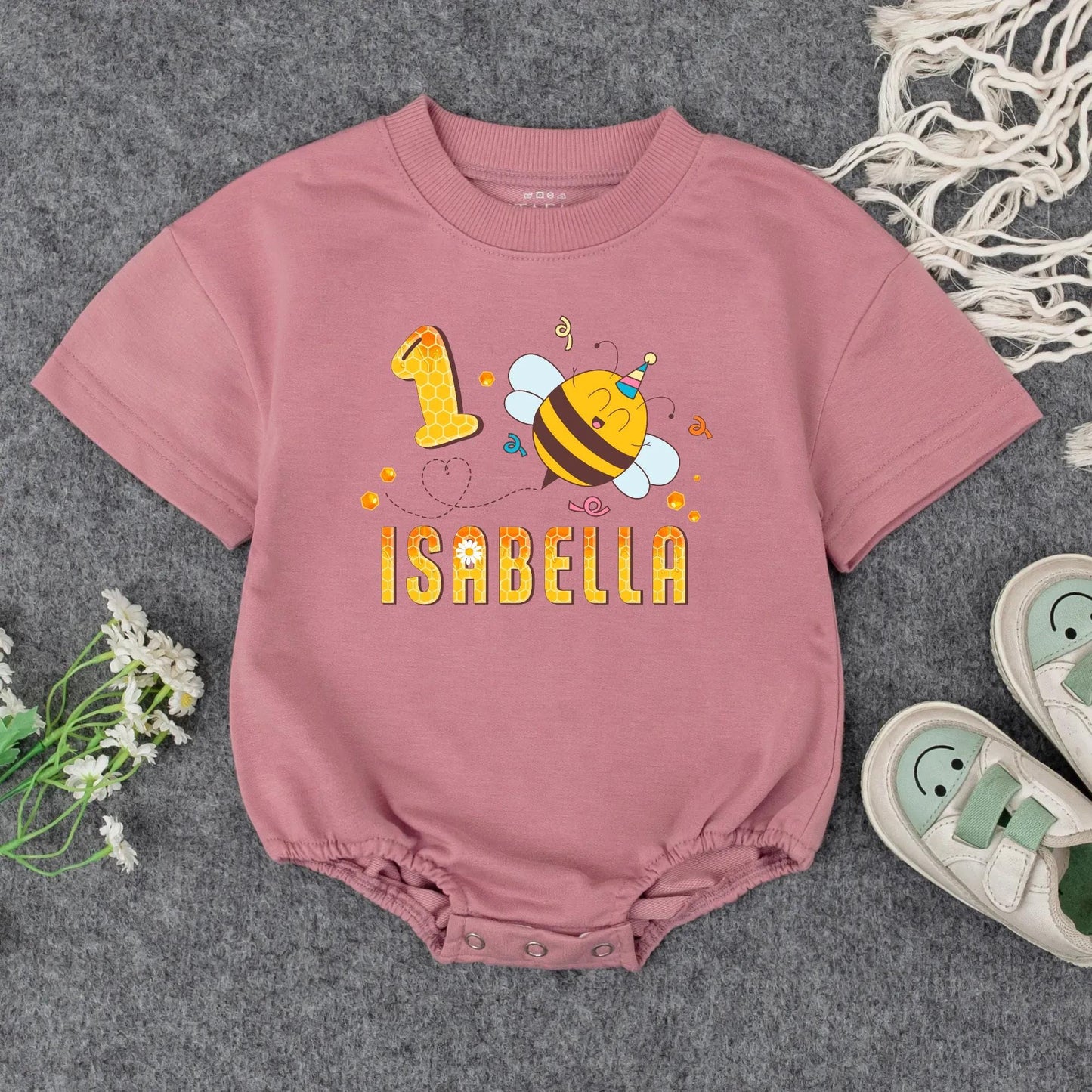 Personalized 1st Birthday Girl Romper Outfit Cute Bumblebee Honeycomb Design with Name Yellow Black Cheerful Floral Party Tee