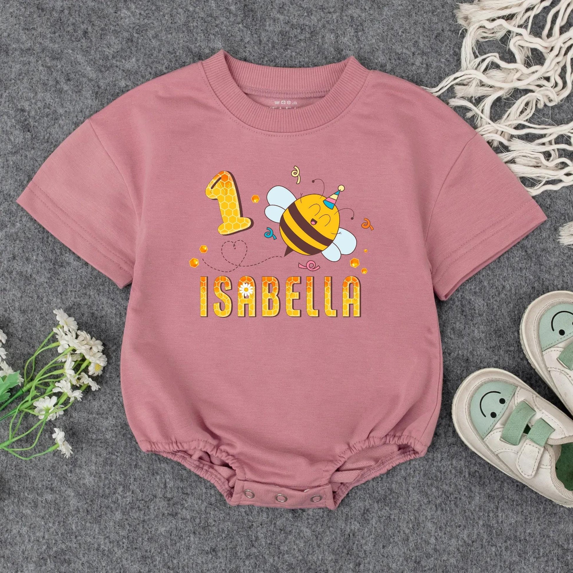 Personalized 1st Birthday Girl Romper Outfit Cute Bumblebee Honeycomb Design with Name Yellow Black Cheerful Floral Party Tee