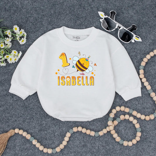Personalized 1st Birthday Girl Romper Outfit Cute Bumblebee Honeycomb Design with Name Yellow Black Cheerful Floral Party Tee