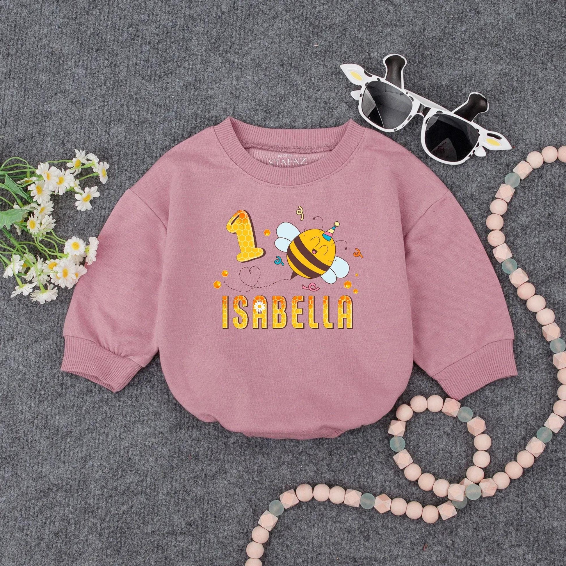 Personalized 1st Birthday Girl Romper Outfit Cute Bumblebee Honeycomb Design with Name Yellow Black Cheerful Floral Party Tee