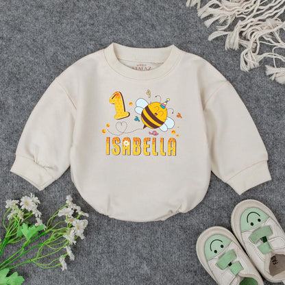 Personalized 1st Birthday Girl Romper Outfit Cute Bumblebee Honeycomb Design with Name Yellow Black Cheerful Floral Party Tee