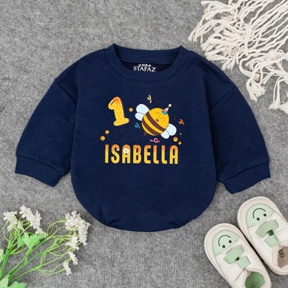Personalized 1st Birthday Girl Romper Outfit Cute Bumblebee Honeycomb Design with Name Yellow Black Cheerful Floral Party Tee