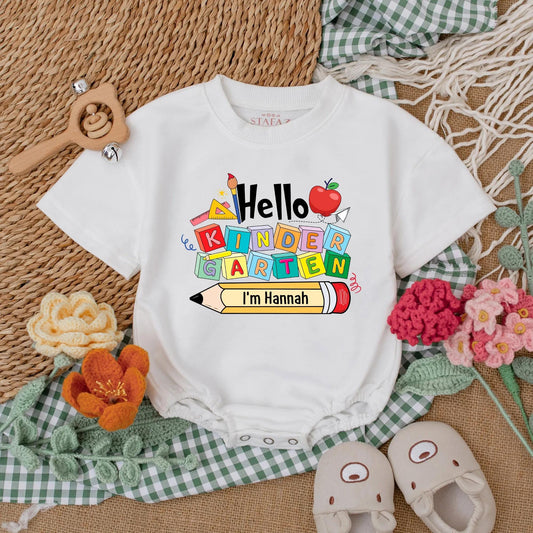 Hello Kindergarten Baby Romper Personalized Back to School Outfit Custom First Day Preschool Clothes Name Pencil Gift