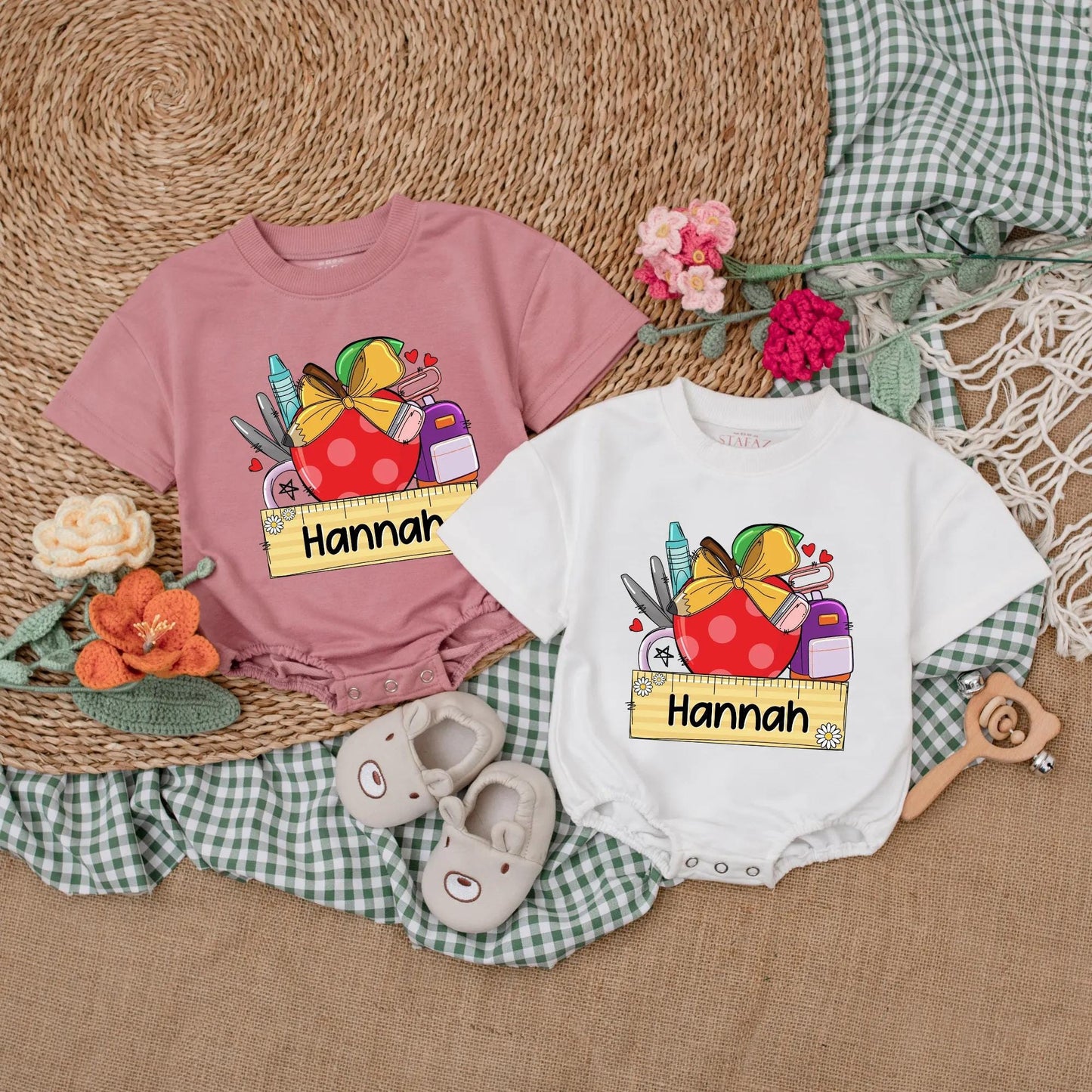 Personalized Baby Girl Apple Romper Custom Name First Day Preschool Outfit Toddler School Gift