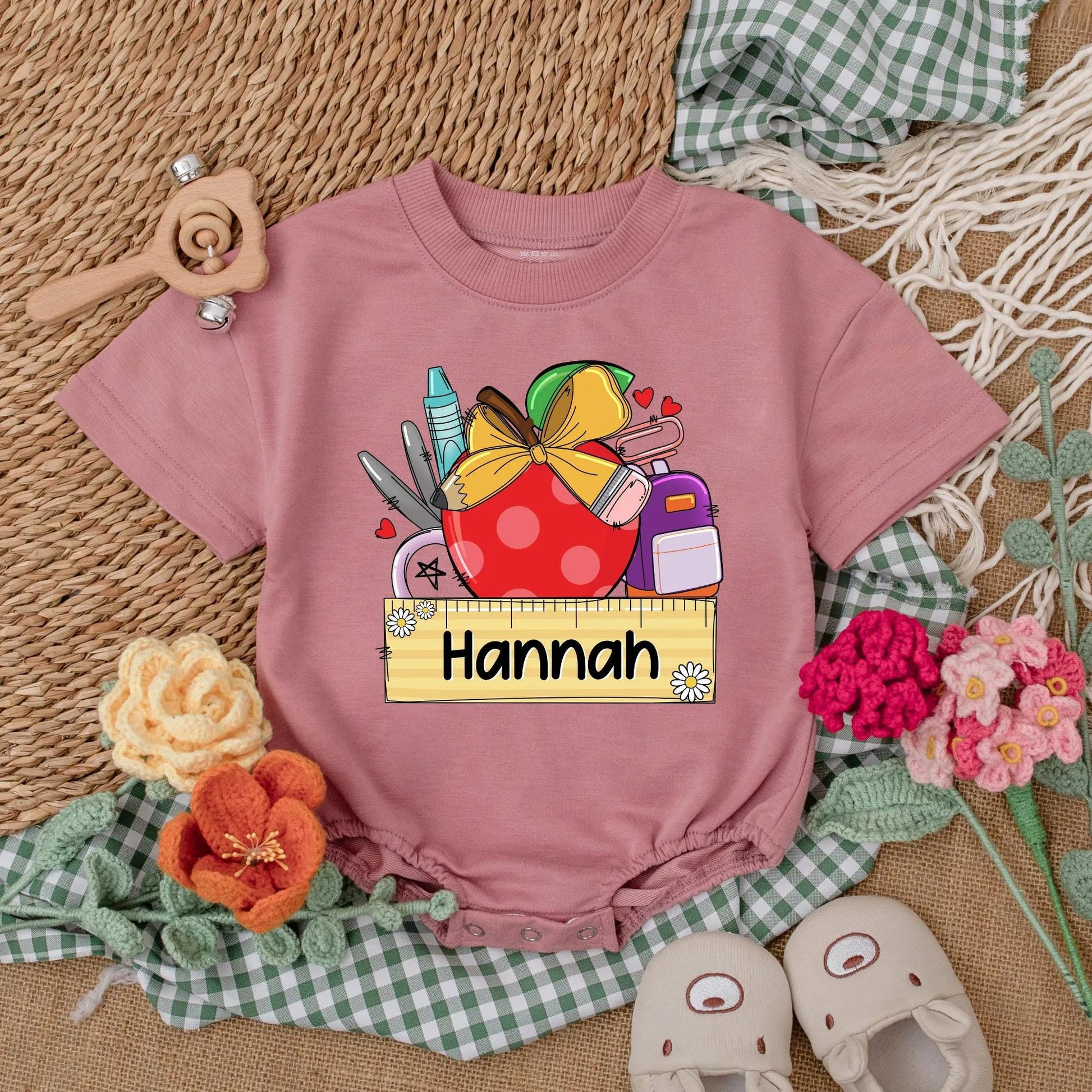Personalized Baby Girl Apple Romper Custom Name First Day Preschool Outfit Toddler School Gift