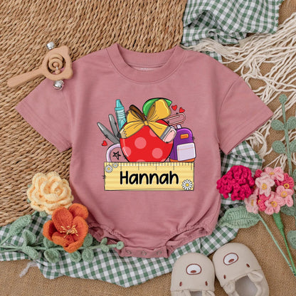 Personalized Baby Girl Apple Romper Custom Name First Day Preschool Outfit Toddler School Gift