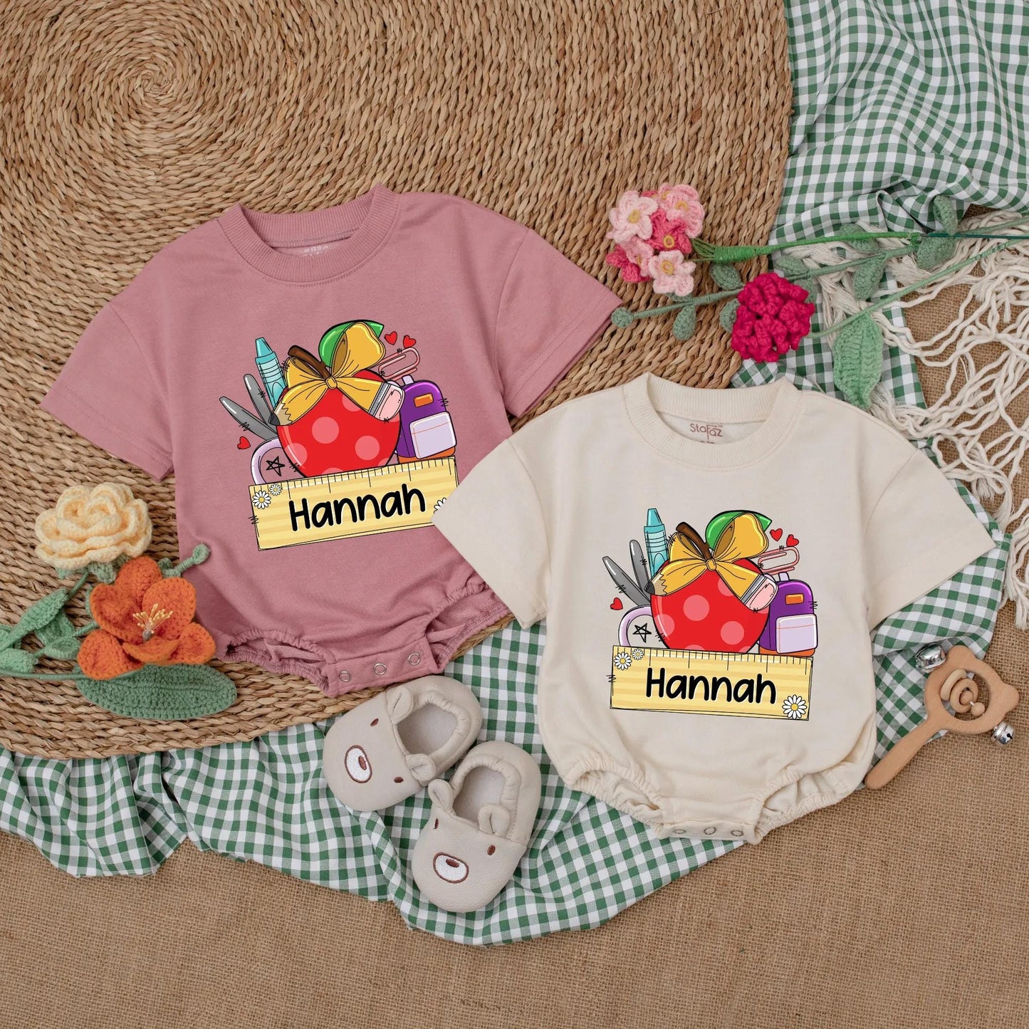 Personalized Baby Girl Apple Romper Custom Name First Day Preschool Outfit Toddler School Gift