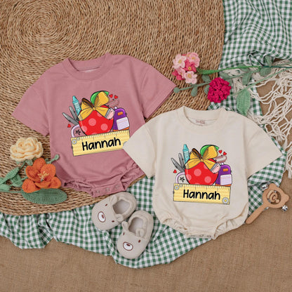 Personalized Baby Girl Apple Romper Custom Name First Day Preschool Outfit Toddler School Gift