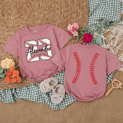 Personalized Baseball Number Baby Boy Romper with Custom Name Two Sided Short Sleeve Bodysuit Comfortable First Game Day Birthday Gift