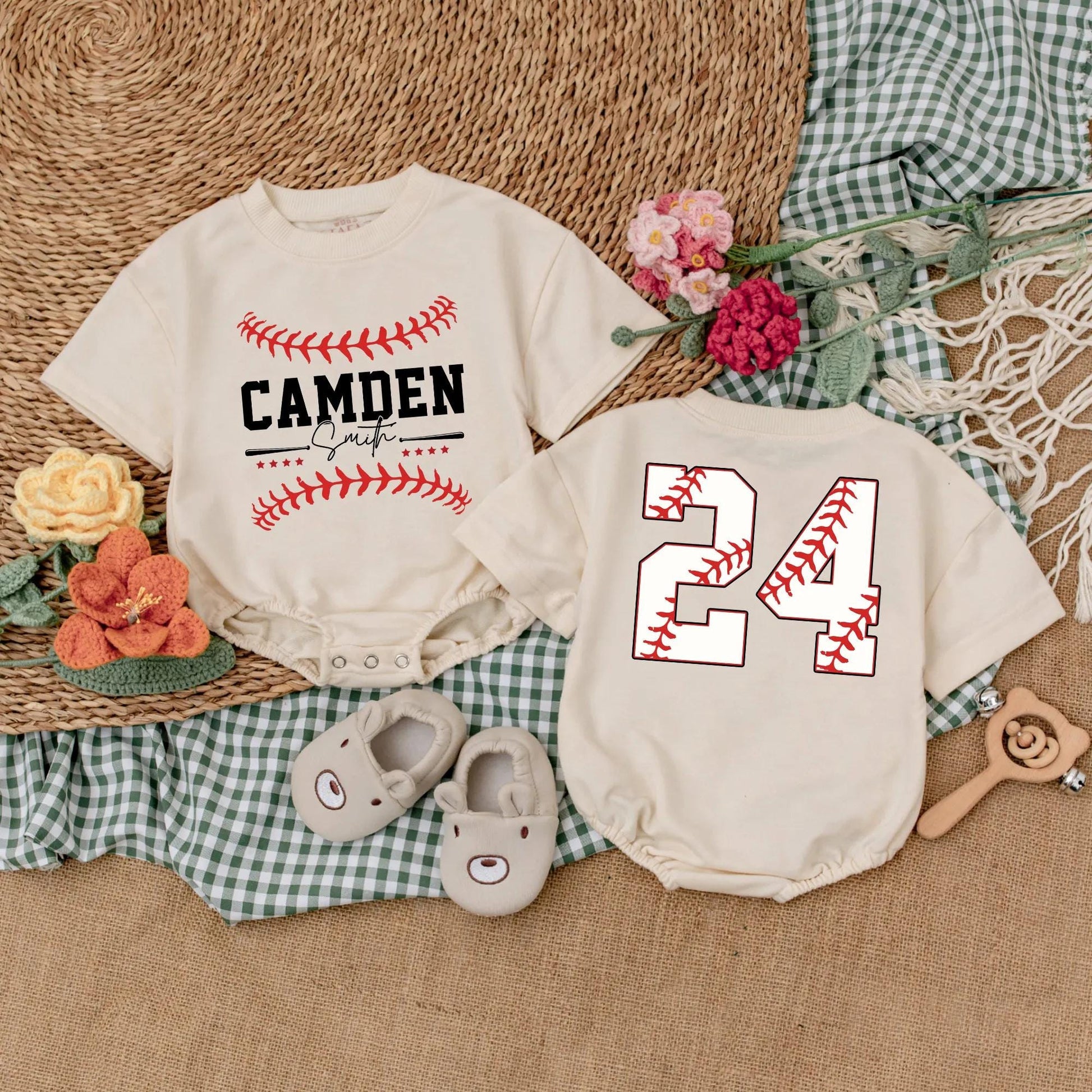 Custom Name & Number Baseball Romper Baby Outfit Two-Sided Game Day Sporty Clothes Boy Gift