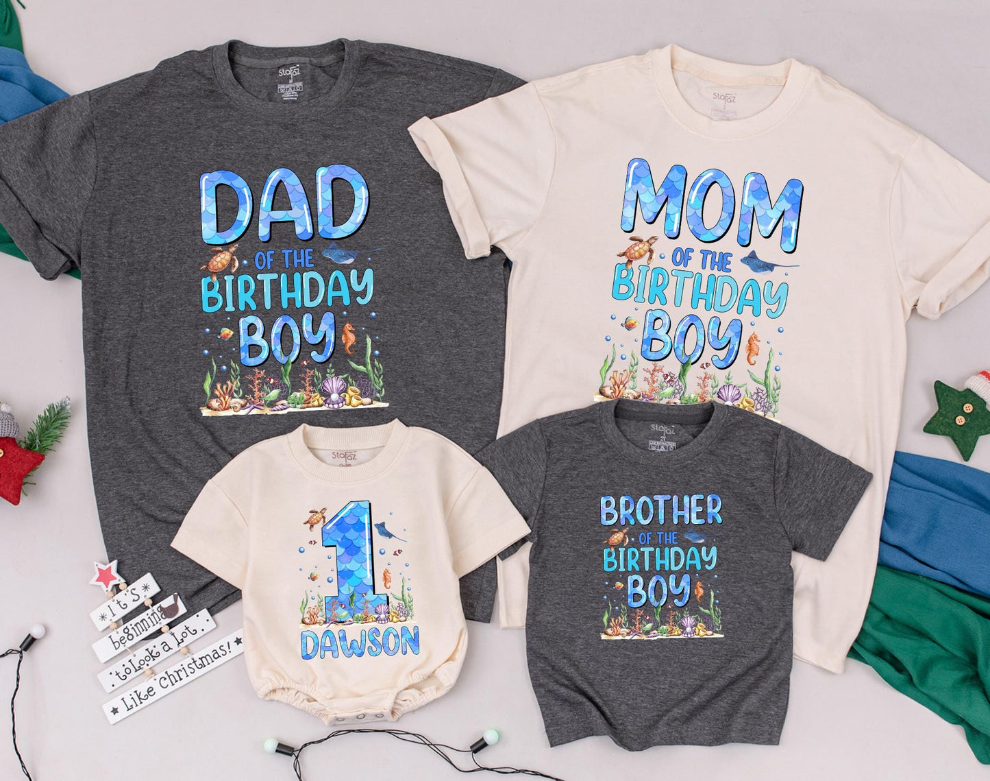 Matching Family Ocean Shirts Oneder The Sea First Birthday Baby Boy Romper Outfit Natural Cotton Aquarium Theme Celebration