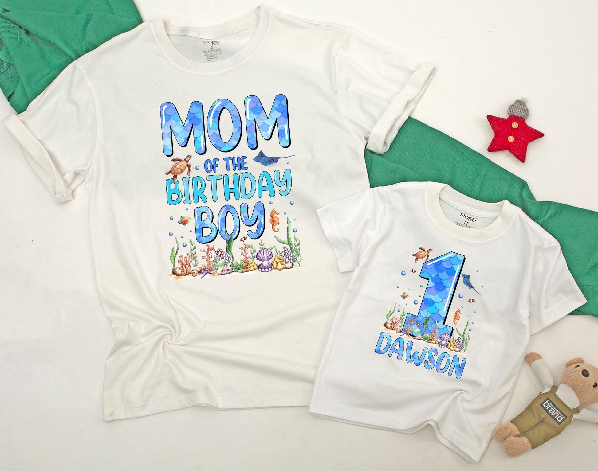Matching Family Ocean Shirts Oneder The Sea First Birthday Baby Boy Romper Outfit Natural Cotton Aquarium Theme Celebration