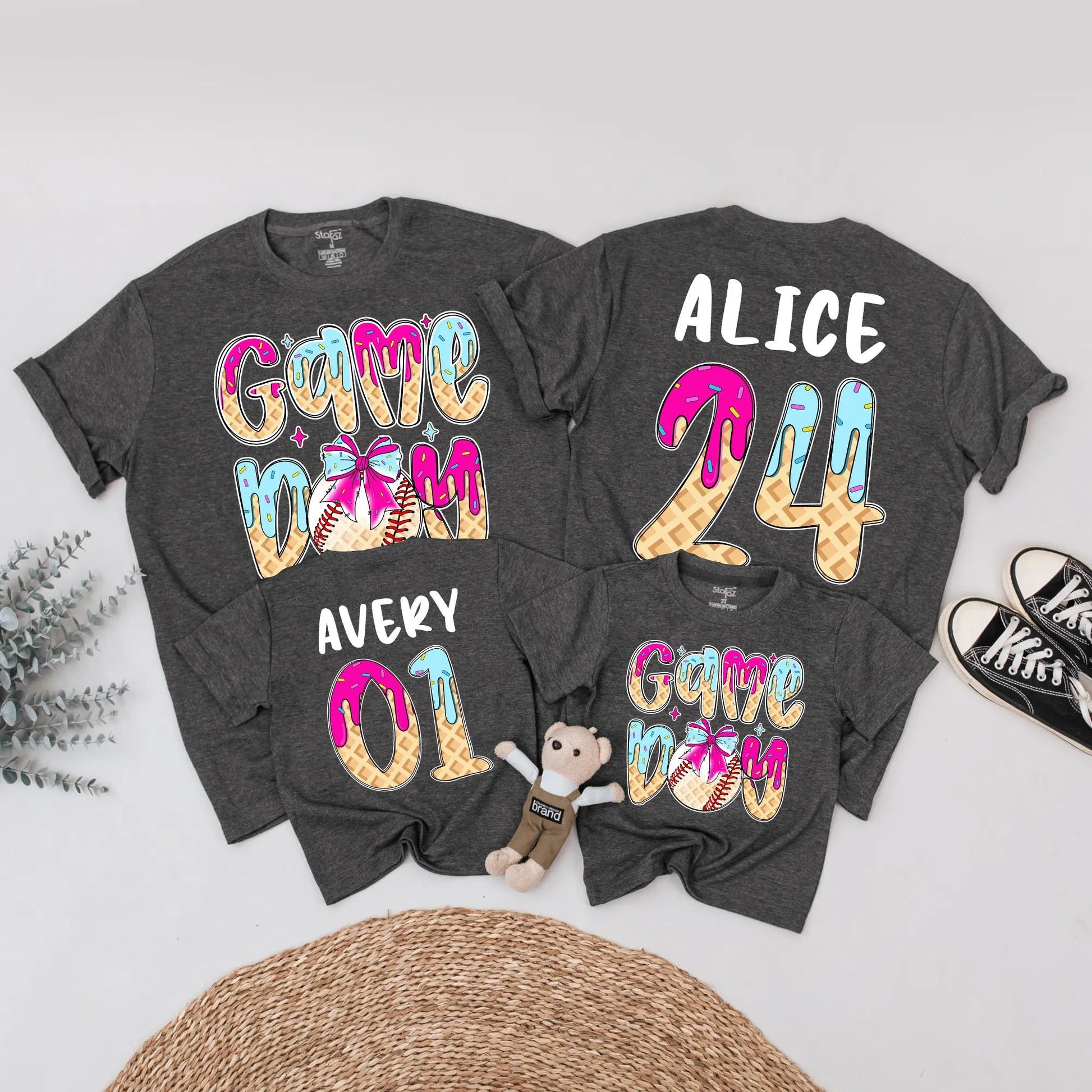 Game Day Baseball Birthday Shirt, Ice Cream Drip Design for Boy or Girl, Custom Age & Name Baseball Tee, Matching Family Option, Waffle Cone Letters 