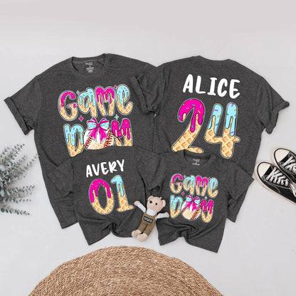 Game Day Baseball Birthday Shirt, Ice Cream Drip Design for Boy or Girl, Custom Age & Name Baseball Tee, Matching Family Option, Waffle Cone Letters 