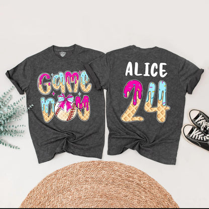 Game Day Baseball Birthday Shirt, Ice Cream Drip Design for Boy or Girl, Custom Age & Name Baseball Tee, Matching Family Option, Waffle Cone Letters 
