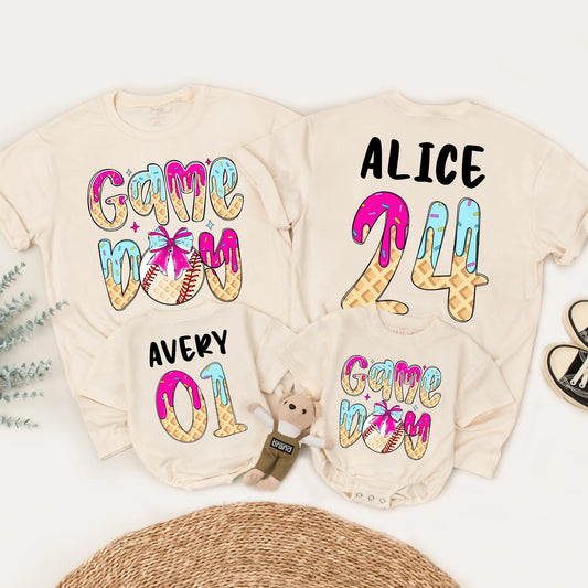 Game Day Baseball Birthday Shirt, Ice Cream Drip Design for Boy or Girl, Custom Age & Name Baseball Tee, Matching Family Option, Waffle Cone Letters 