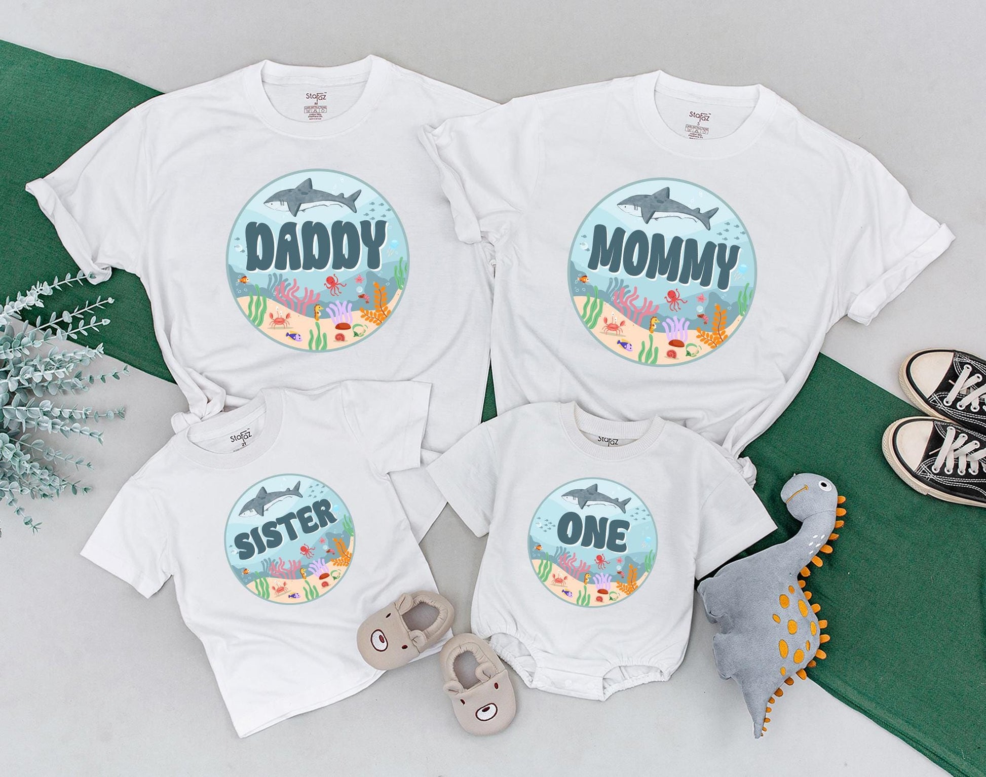 Matching Family Ocean Shark Birthday Outfit for Baby Boy First Oneder The Sea Party Romper Custom Name Natural Cotton Bodysuit