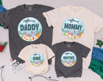 Matching Family Ocean Shark Birthday Outfit for Baby Boy First Oneder The Sea Party Romper Custom Name Natural Cotton Bodysuit