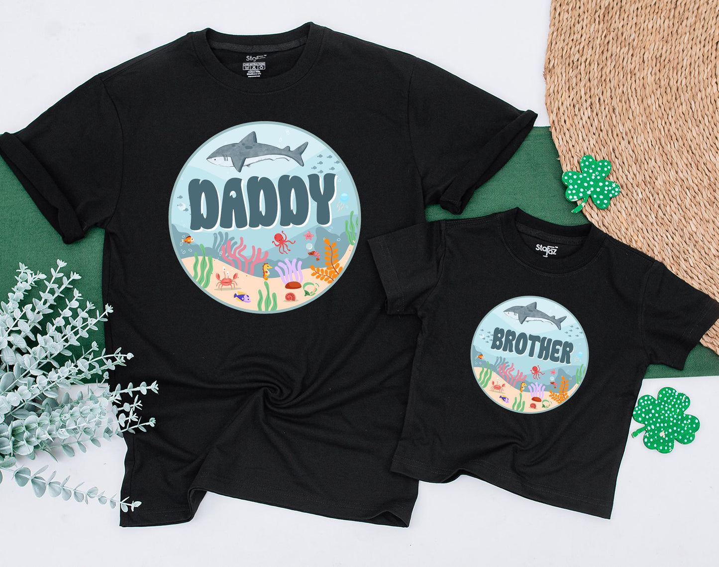 Matching Family Ocean Shark Birthday Outfit for Baby Boy First Oneder The Sea Party Romper Custom Name Natural Cotton Bodysuit